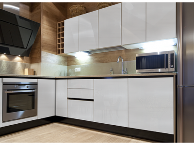 High-gloss laminate on modular kitchen cupboards by Greenlam Laminates