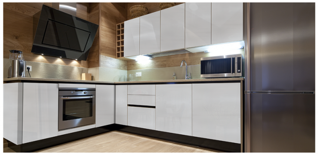 High-gloss laminate on modular kitchen cupboards by Greenlam Laminates