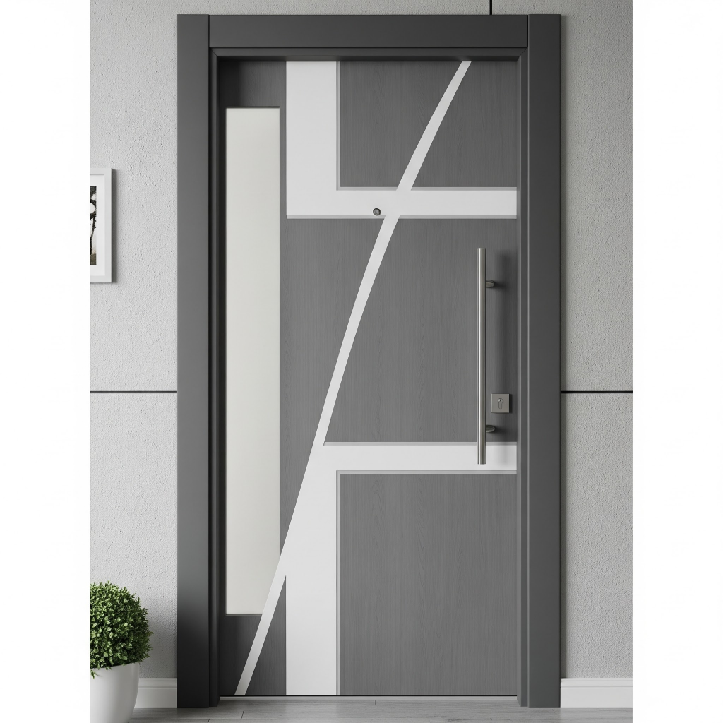 Geometric laminate main door design with bold colour blocks