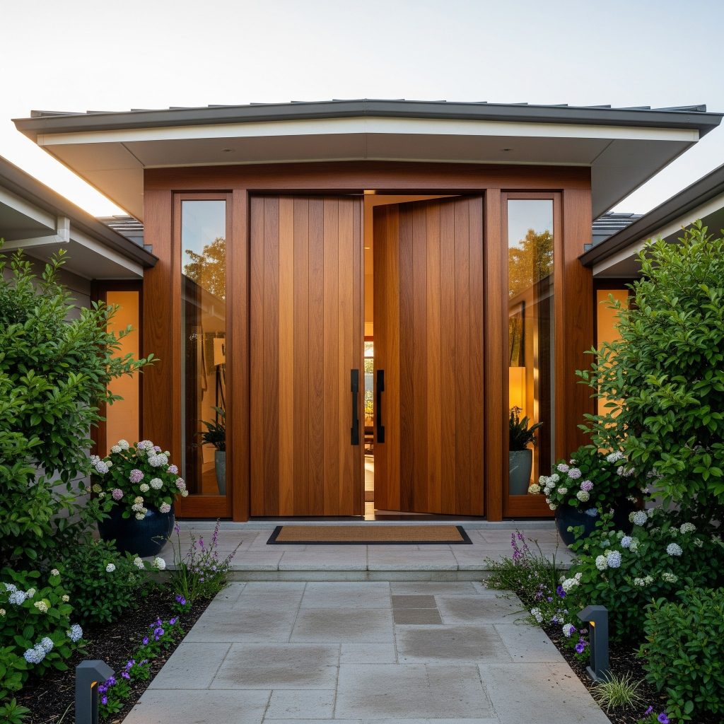 Grand double leaf laminate main door design for luxury homes