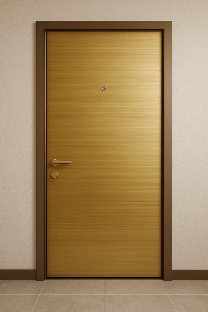 High gloss metallic laminate main door design for luxury homes