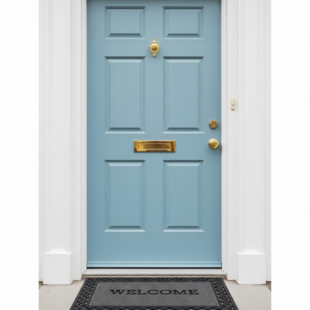 Bold colour laminate main door in navy and forest green