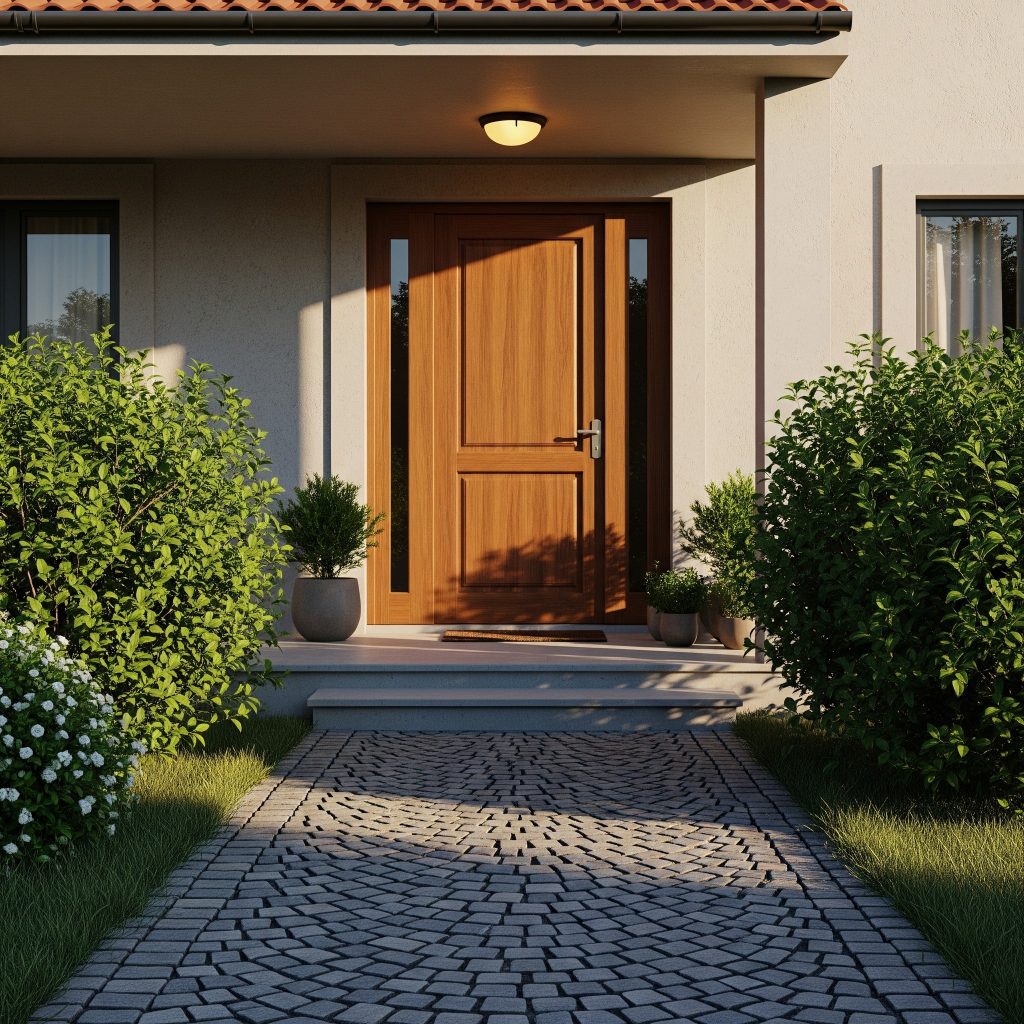 Warm brown and walnut laminate main door design