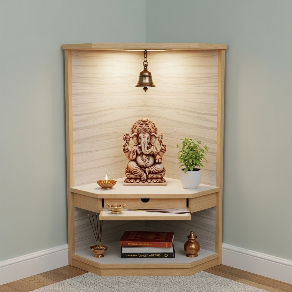 corner mandir design with laminate back panel for small pooja room