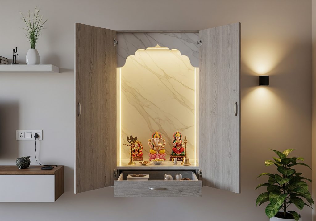 fold-out pooja cupboard design for studio apartment
