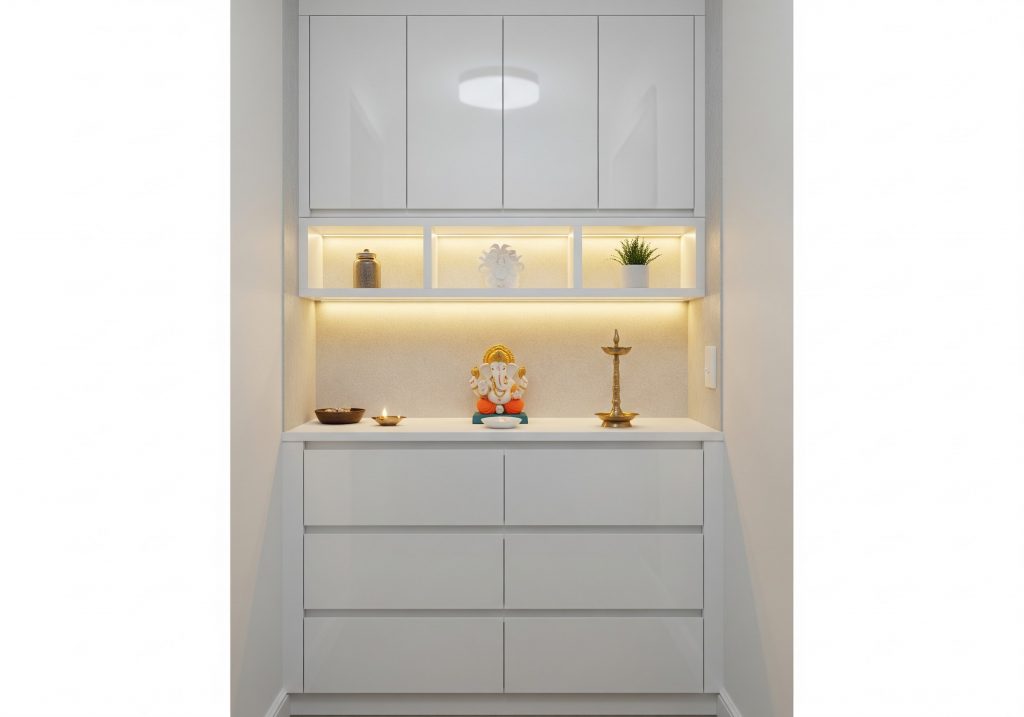 high gloss laminate pooja room backdrop