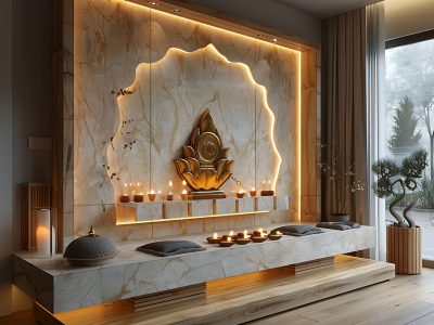 modern pooja room design with laminate by Greenlam Laminates