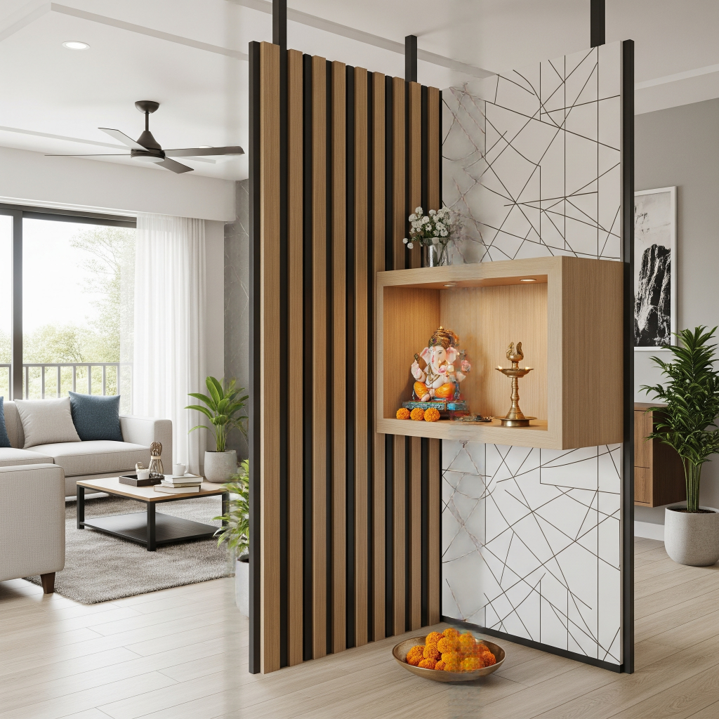 partition style pooja niche with decorative laminate panels