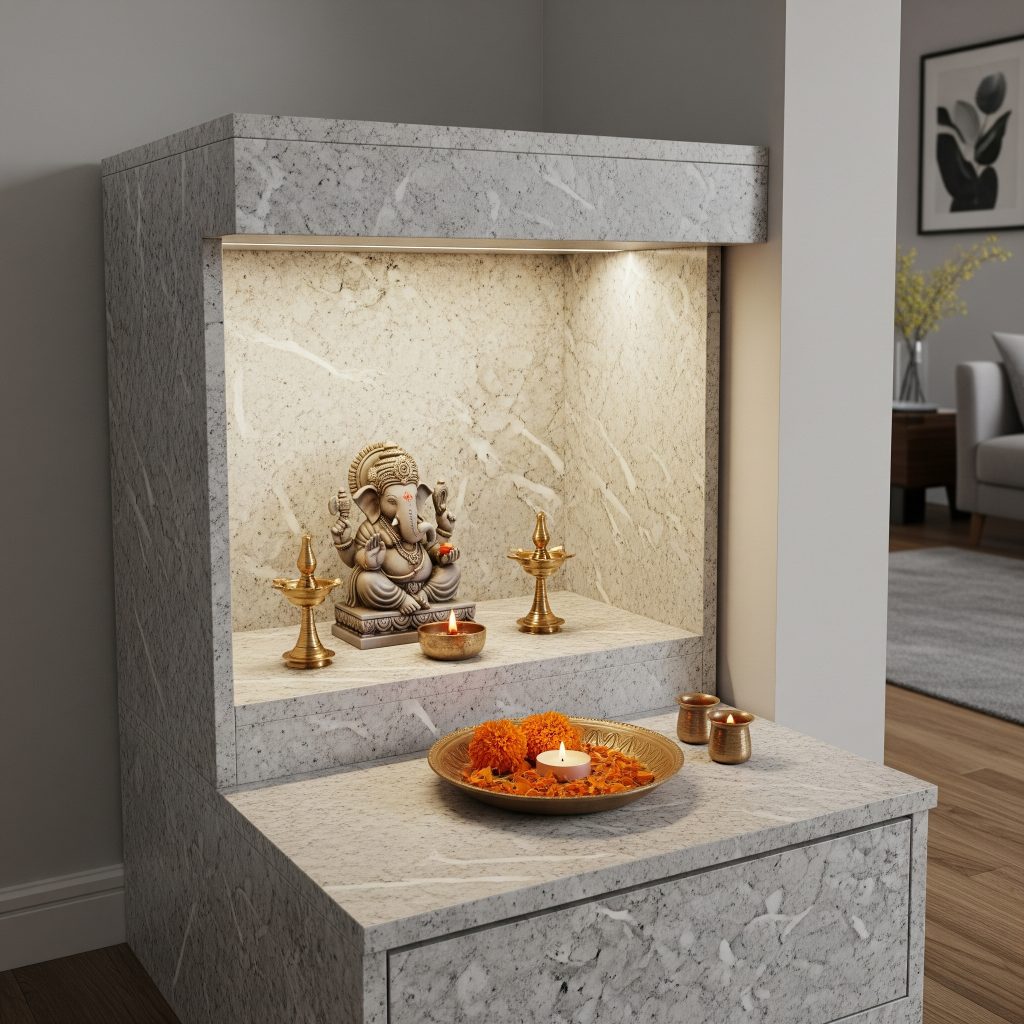 stone inspired laminate pooja room backdrop for modern mandir design