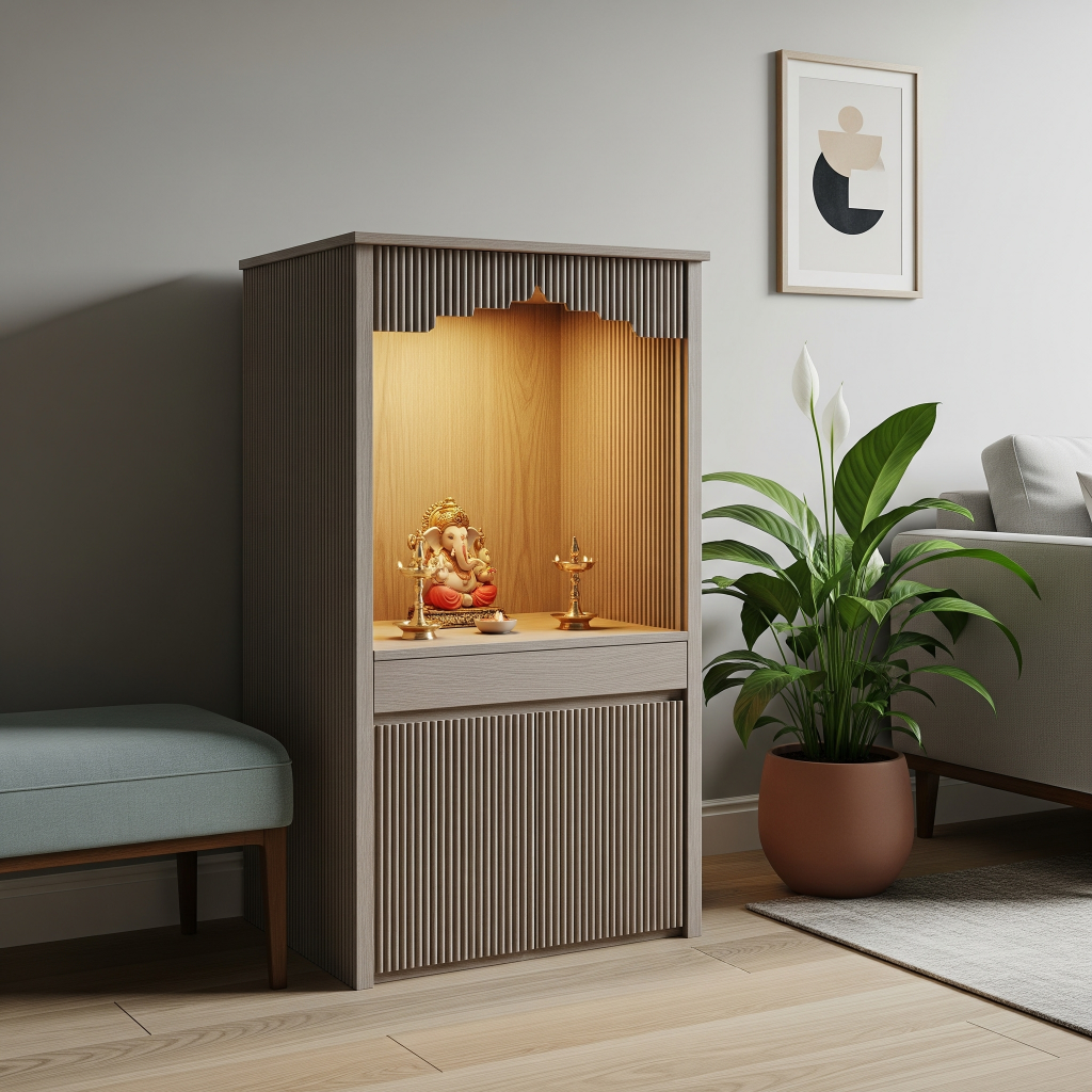 textured laminate pooja room wall design