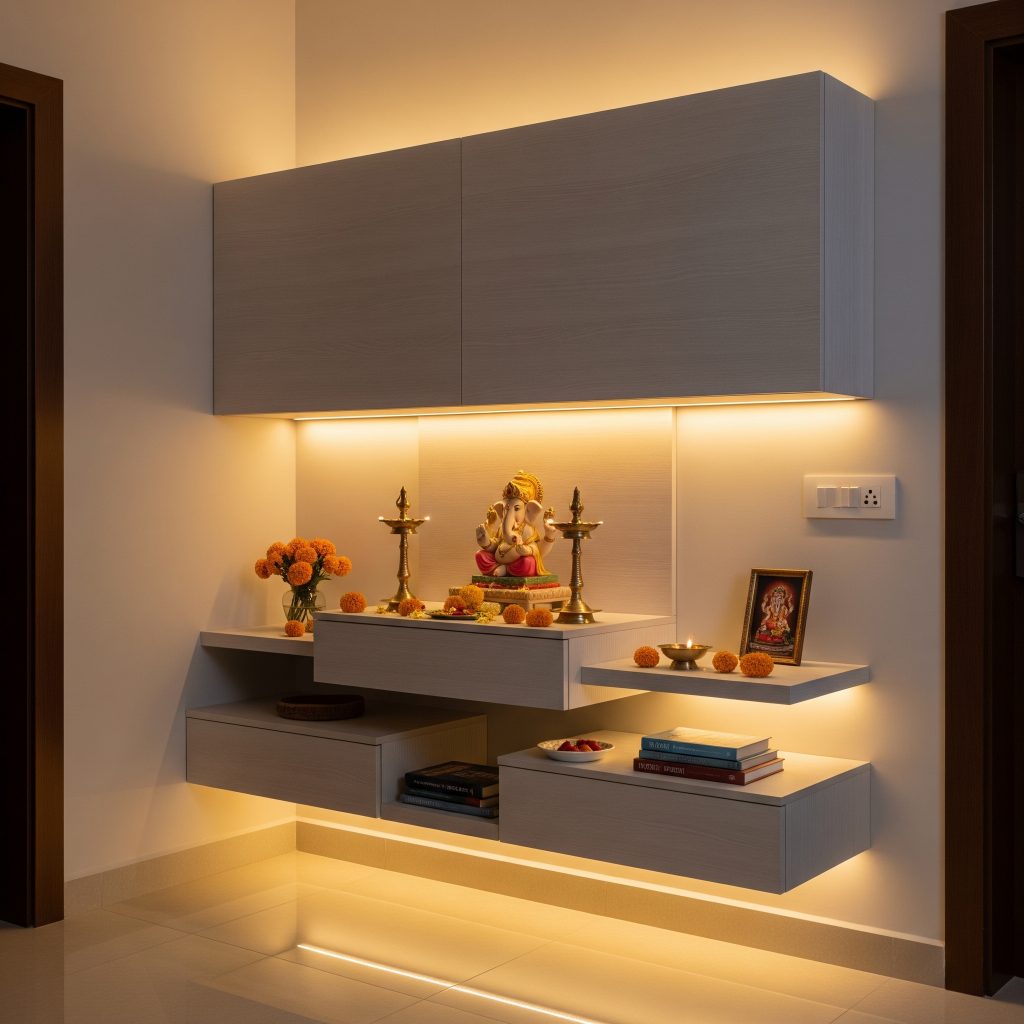 wall mounted pooja unit with laminate finish