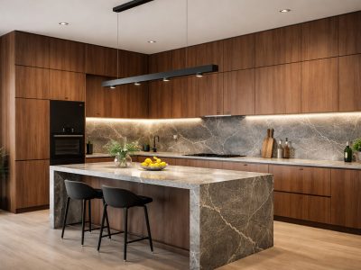 Luxury kitchen with stone and wood-finish HPL laminates by Greenlam