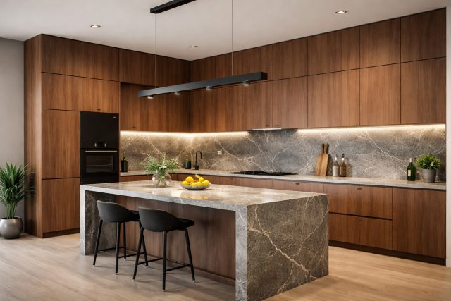 Luxury kitchen with stone and wood-finish HPL laminates by Greenlam