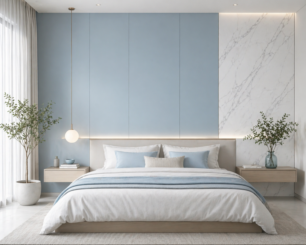 Blue and white laminate wall colour combination for bedroom