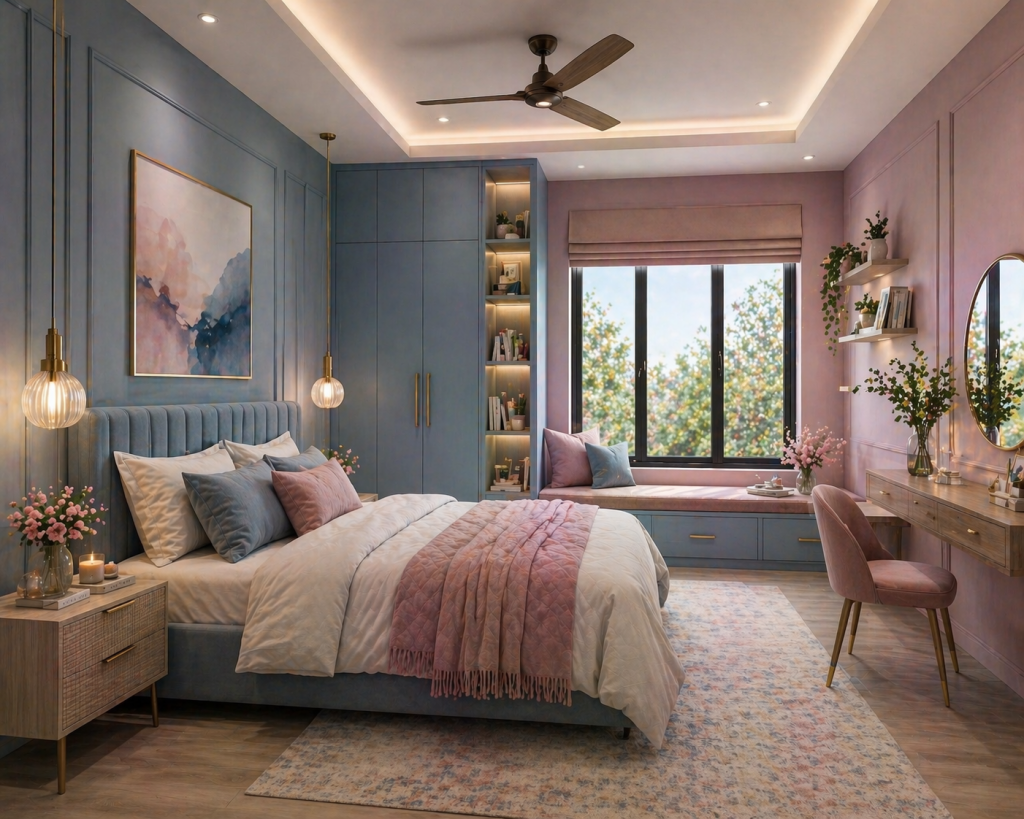 Blue and soft pink laminate wall colour combination for bedroom