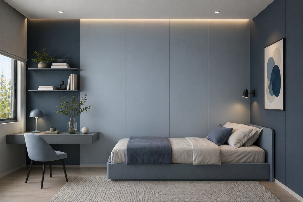 blue laminate wall design for modern bedroom