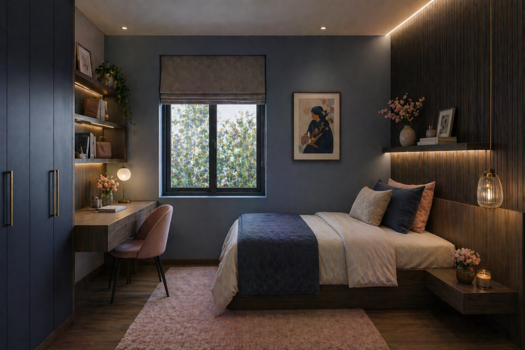 Blue and medium dark brown laminate wall colour combination for bedroom