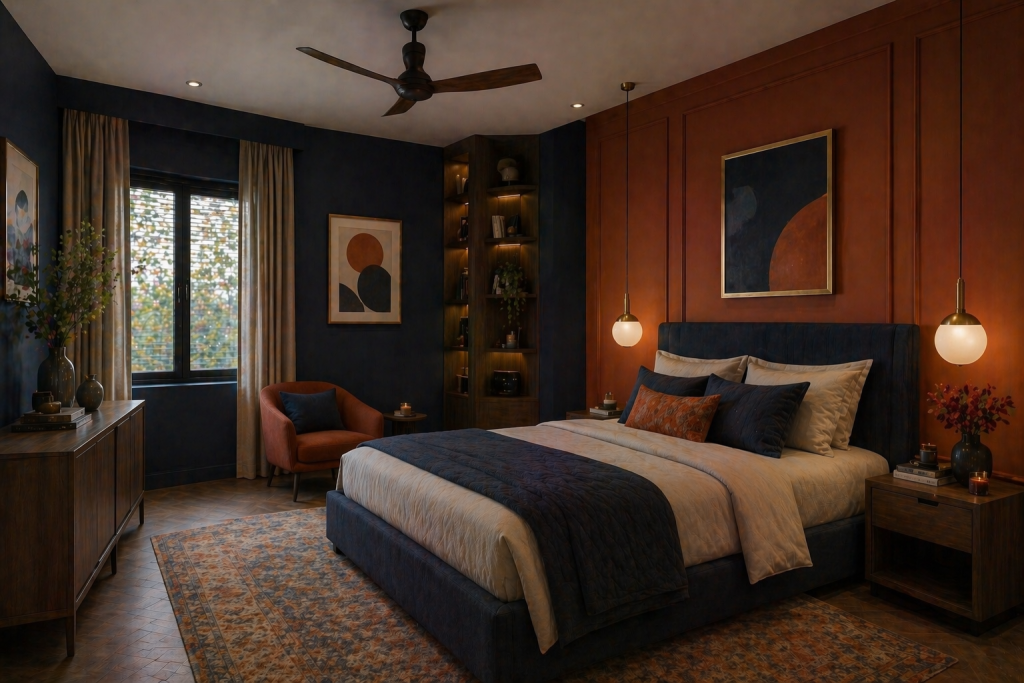Navy Blue and rust laminate wall design for stylish bedroom