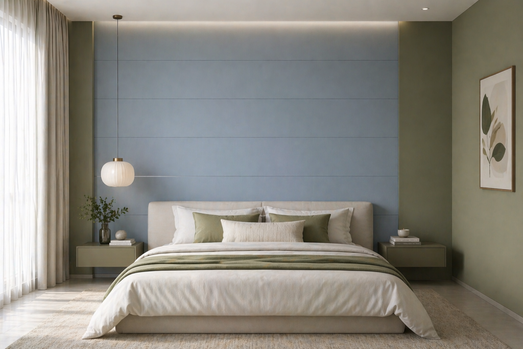 Zephyr Blue and muted green laminate wall design for bedroom